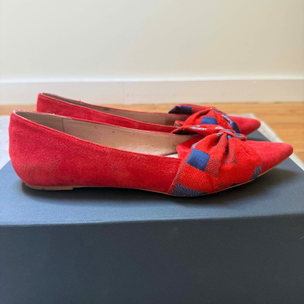 Anthropologie Knotted Bow Flats – Red Suede with Plaid Detail - Picture 8 of 16